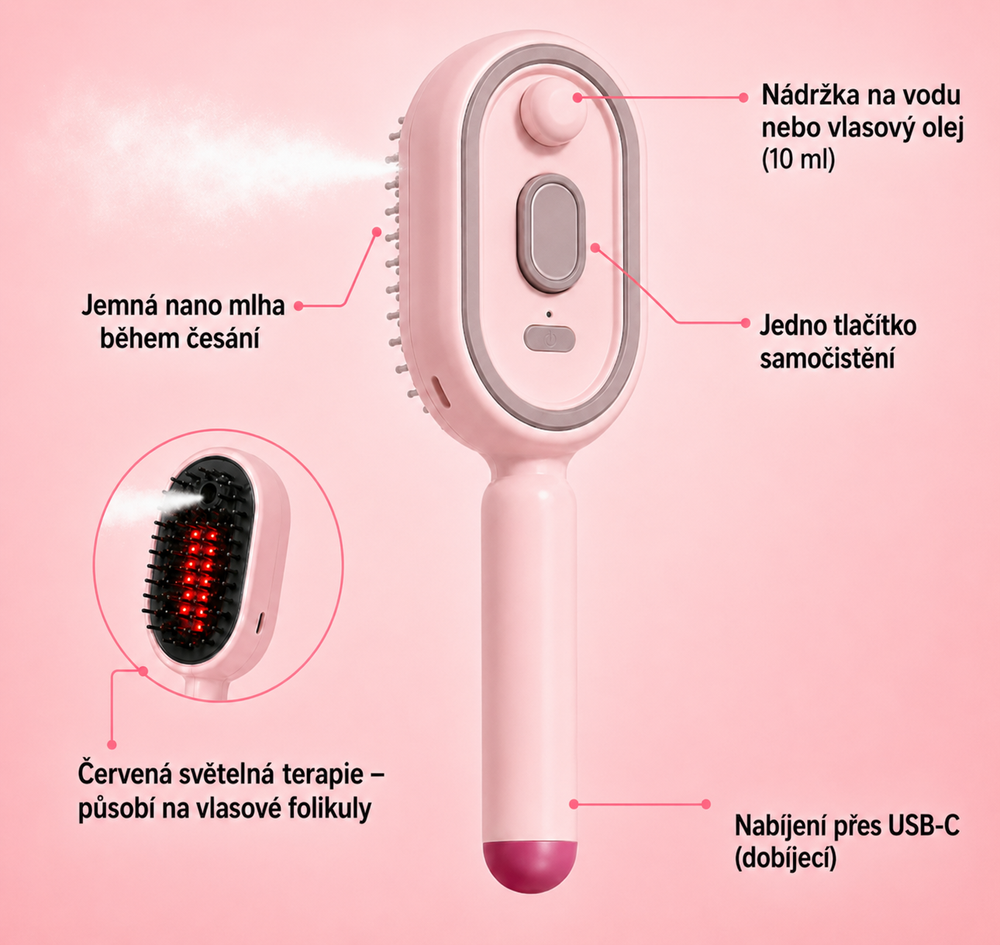 Elektrický masážní kartáč na vlasy s rozprašovačem a vzduchovým polštářkem.