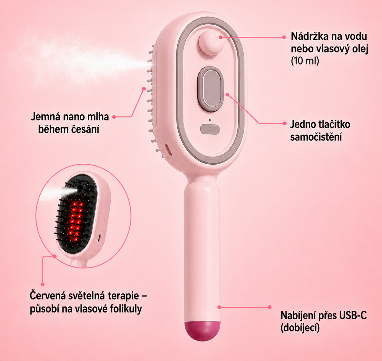Elektrický masážní kartáč na vlasy s rozprašovačem a vzduchovým polštářkem.