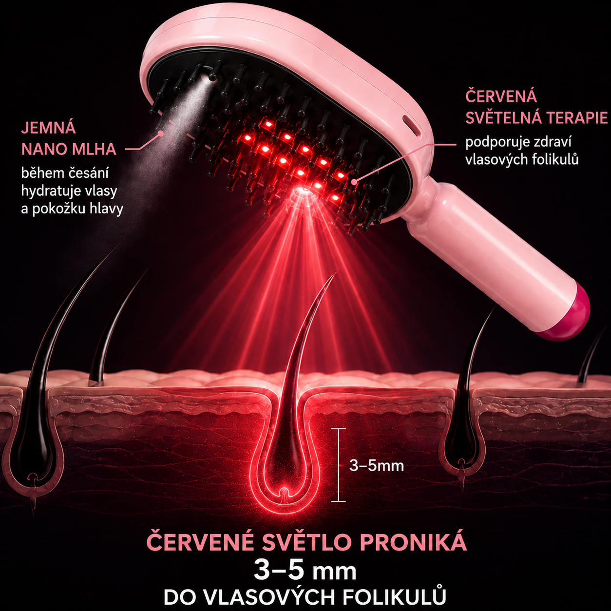 Elektrický masážní kartáč na vlasy s rozprašovačem a vzduchovým polštářkem.